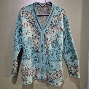 Vintage Elegant Floral Teal and Beige Cardigan